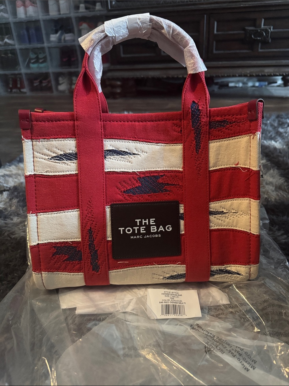 Marc Jacobs Red, Cream & Navy Striped Canvas Tote Bag